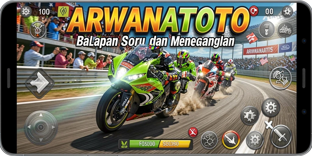 Tangkapan layar <strong>ARWANATOTO</strong> menampilkan aksi balapan motor yang menegangkan dan adrenalin tinggi.