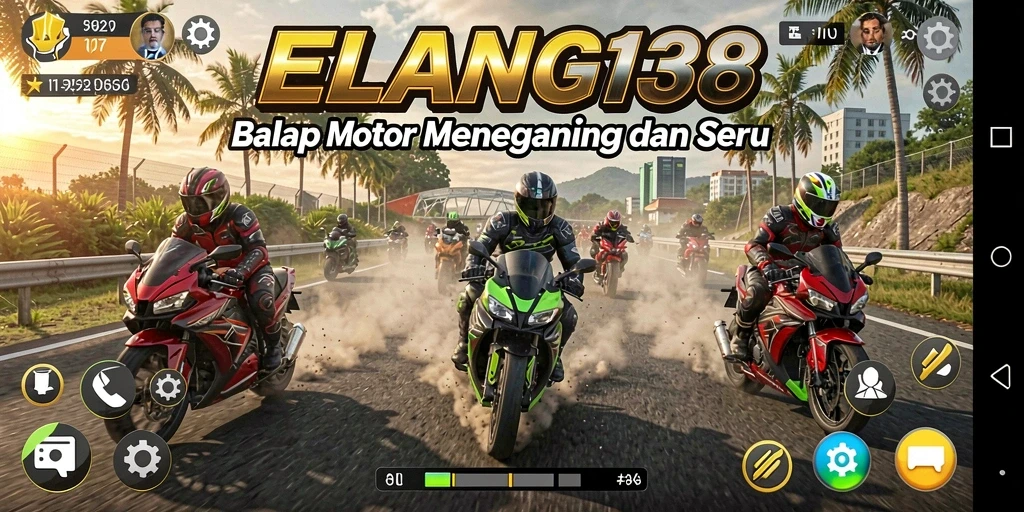 Screenshot utama ELANG138 menampilkan balapan motor yang intens.