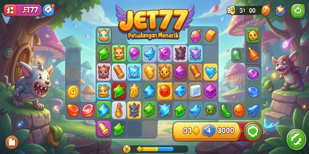 Screenshot JET77 menunjukkan gameplay seru dengan kombinasi warna cerah.