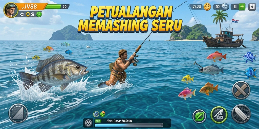 Tampilan gameplay JV88 dengan aksi menangkap ikan yang seru.