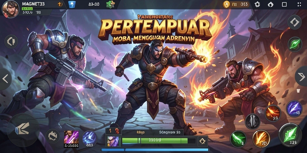 Screenshot utama MAGNET33 menampilkan aksi pertempuran MOBA yang intens.