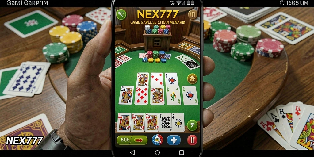 Screenshot gameplay NEX777 menunjukkan suasana permainan Gaple yang seru.