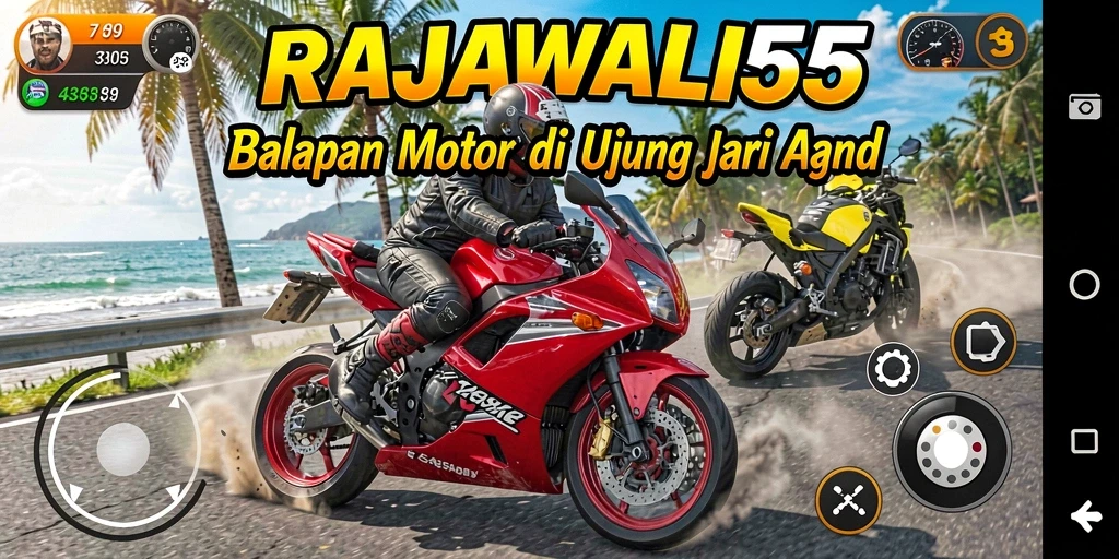 Screenshot gameplay RAJAWALI55 menampilkan balapan motor yang seru dan intens.