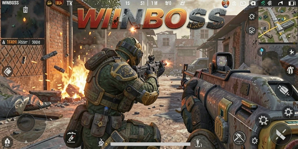 Tangkapan layar WINBOSS menampilkan aksi pertempuran FPS yang seru.