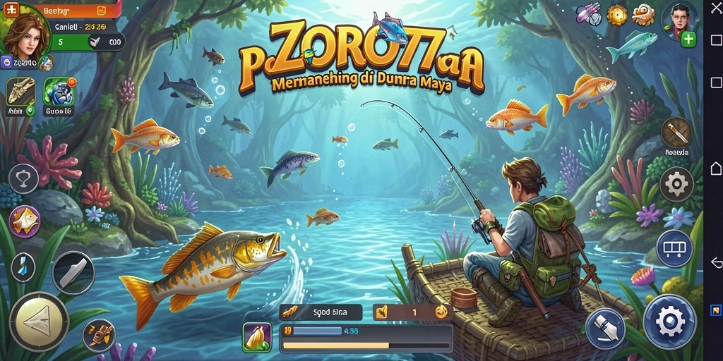 Screenshot gameplay ZORO77 yang menunjukkan aksi memancing yang seru.